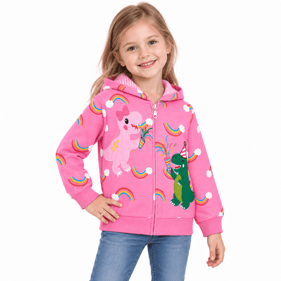 Toddler Girls Cotton Zip-Up Hoodie Dinosaur Rainbow Print Pink Sweatshirt, 2T