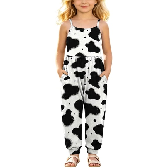 Toddler Girls Cow Print Jumpsuit Sleeveless Overalls Kids Spaghetti Strap Pants with Pockets Black 1-2 Years