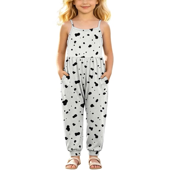 Toddler Girls Cow Print Jumpsuit Sleeveless Overalls Kids Spaghetti Strap Pants with Pockets Black 9 3-4 Years