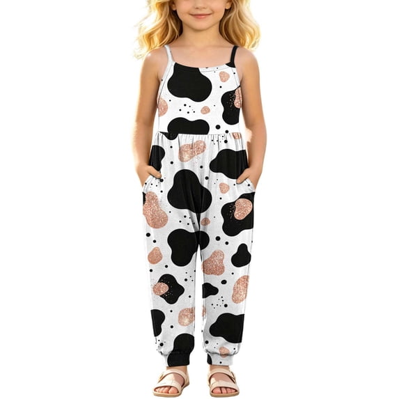 Toddler Girls Cow Print Jumpsuit Sleeveless Overalls Kids Spaghetti Strap Pants with Pockets Brown 3 5-6 Years