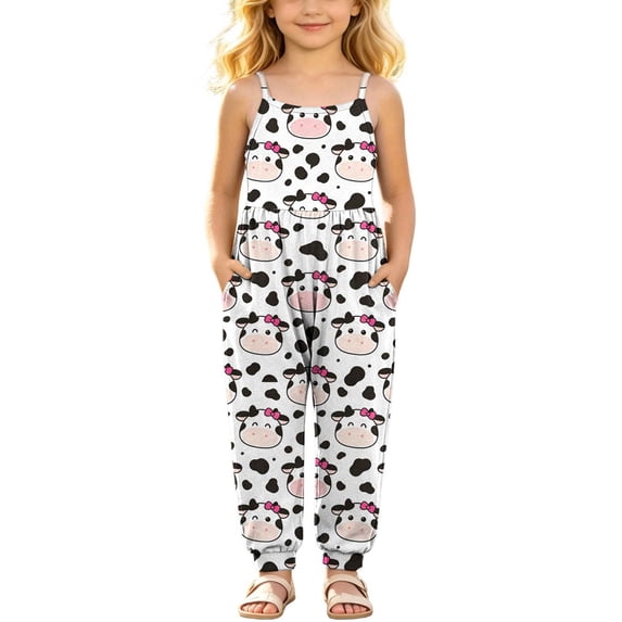 Toddler Girls Cow Print Jumpsuit Sleeveless Overalls Kids Spaghetti Strap Pants with Pockets Pink 2 1-2 Years