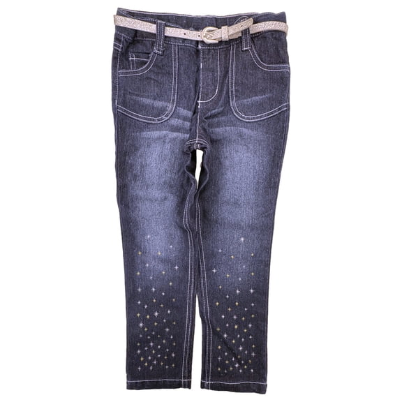 Toddler Girls Cute Blue Denim Sparkle Skinny Jeans Pants With Silver Belt 5T