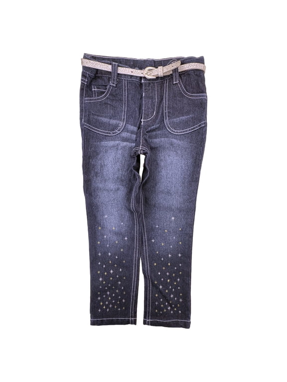 Toddler Girls Cute Blue Denim Sparkle Skinny Jeans Pants With Silver Belt 5T