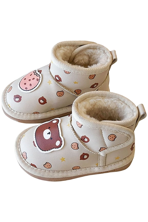 Toddler Girls Cute Cartoon Bear Winter Boots Slip On Plush Ankle Booties Wide Calf Non Slip Fleece Lined Snow Boots White Size 11.5 Little Child