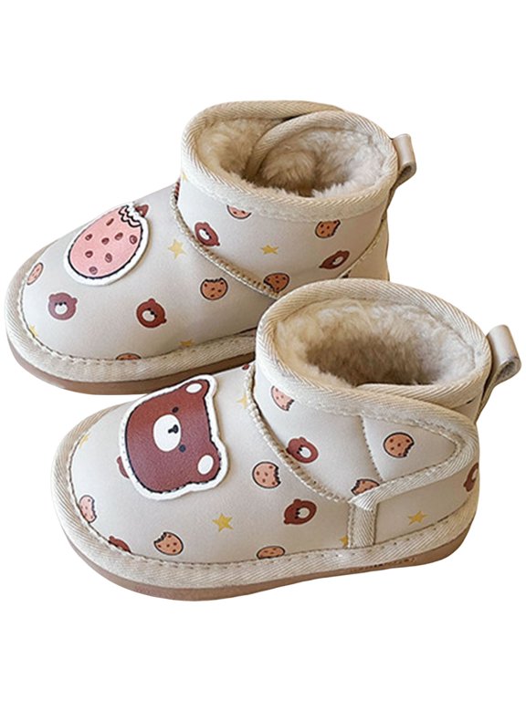 Toddler Girls Cute Cartoon Bear Winter Boots Slip On Plush Ankle Booties Wide Calf Non Slip Fleece Lined Snow Boots White Size 6 Toddler