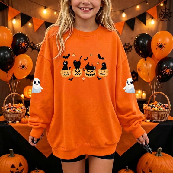 Toddler Girls Cute Cat Pumpkin Print Sweatshirts Fall Long Sleeve Pullover Tops Youth Crewneck Oversized Graphic Sweaters Kids Halloween Party Wear Casual Shirts, Size 2-3 T