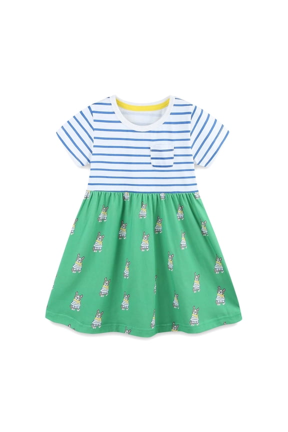 Toddler Girls Cute Dresses Striped Summer Cartoon Appliques Cottn Casual Fashion Outfits Size 5-6 Years