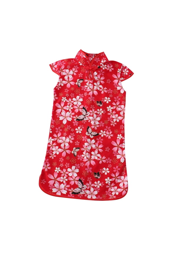 Toddler Girls Cute Dresses Summer Cheongsam Qipao Tang Suit Formal Dress Size 6-7 Years