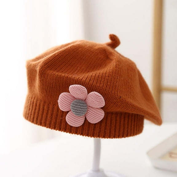 Toddler Girls Cute Flower Beret Hats Fall Winter Hats Knitted Painter Hats for Girls 1-4Y