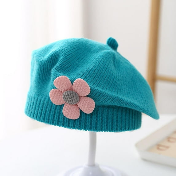 Toddler Girls Cute Flower Beret Hats Fall Winter Hats Knitted Painter Hats for Girls 1-4Y
