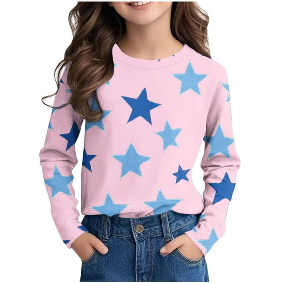Toddler Girls Cute Long Sleeve Shirts Kids Loose Soft Star Printed Crewneck Tunic Tops 2025 Spring Fall Casual Tees Blouses 3-14 Years