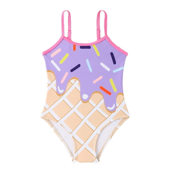 Toddler Girls Cute One Piece Swimsuit Ice Cream Color Block Strap Pool Party Sun Protection Bathing SUits