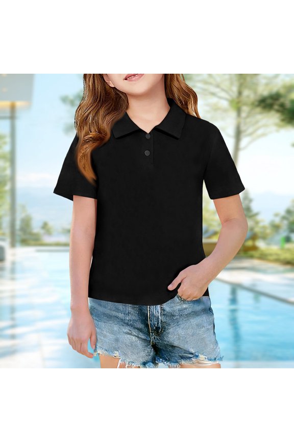 Toddler Girls Cute Polo Shirts Front Button Neck Short Sleeve Uniform Tops Kids Casual Summer Tees, Black 110