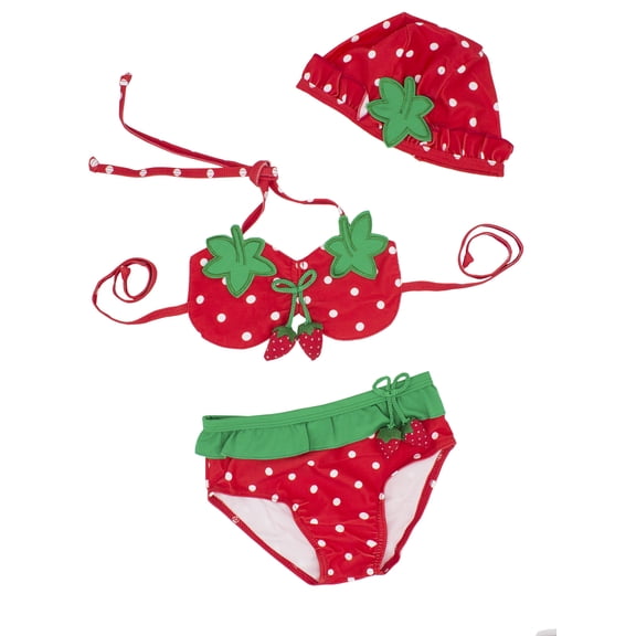 Toddler Girls Cute Strawberry Bikini Sets with Hat 3 pcs Swimsuit (Strawberry, 3T)