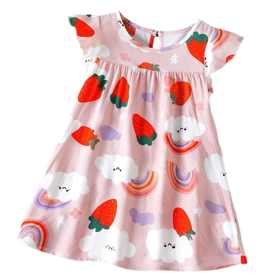 Toddler Girls Cute Summer Dresses Strawberry Flutter Sleeve Babydoll Dress Crew Neck A Line Ruffle Sundress Hot Pink, 18 Months