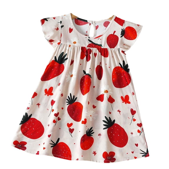 Toddler Girls Cute Summer Dresses Strawberry Flutter Sleeve Babydoll Dress Crew Neck A Line Ruffle Sundress Red, 6 Months