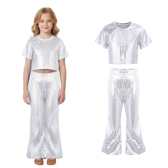 Toddler Girls Dance Sequin Silver Dance Short Sleeve Top and Flared Pants Two Piece Outfit Set Dresses for School Dance Street Dance Outerwear 18-24 Months