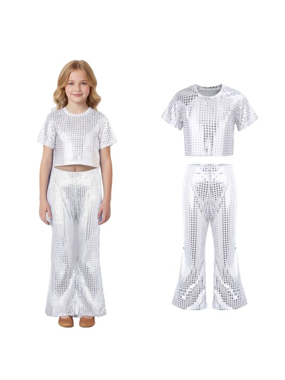 Toddler Girls Dance Sequin Silver Dance Short Sleeve Top and Flared Pants Two Piece Outfit Set Dresses for School Dance Street Dance Outerwear 18-24 Months