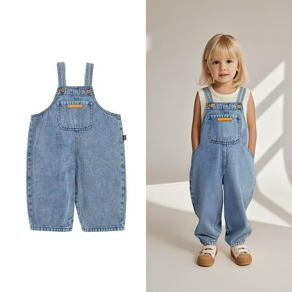 Toddler Girls' Denim Overall Jumpsuits Kids Casual Sleeveless Romper Girls Wide Leg Jeans Pants Girls 1 Piece Rompers with Pockets Back to School Outfits for Girls 3-4 Years