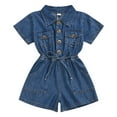 thumbnail image 1 of Toddler Girls Denim Rompers 12 18 24M 3 4T Short Sleeve Shirt Collar Elastic Waist Pocket Button Jumpsuit Girls Denim Dress Size 5-6, 1 of 9