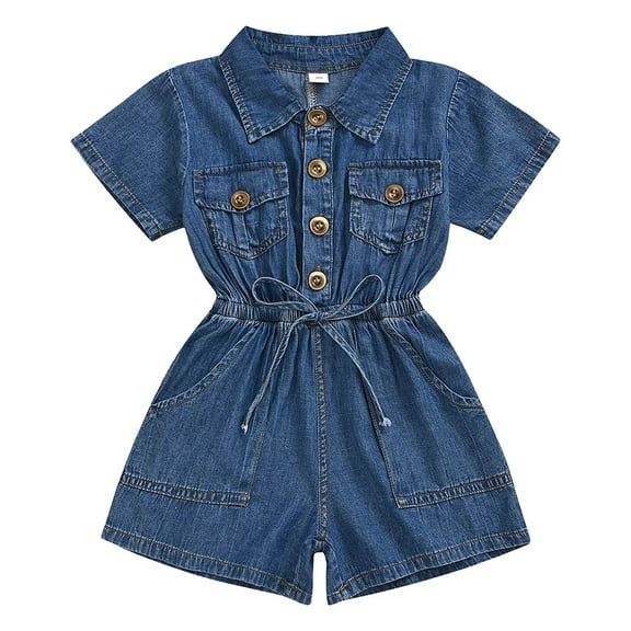 Toddler Girls Denim Rompers 12 18 24M 3 4T Short Sleeve Shirt Collar Elastic Waist Pocket Button Jumpsuit Girls Denim Dress Size 5-6