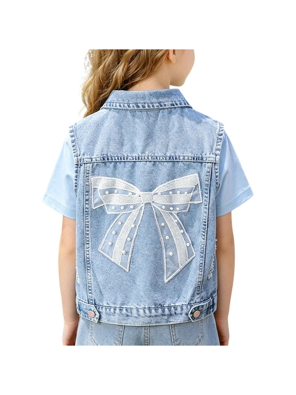 Toddler Girls Denim Vest Sleeveless Jean Jacket with Elegant Pearl Bow Applique Distressed Frayed Button Down Waistcoat Casual Spring Fall Layering Outerwear Tops, Size 5T