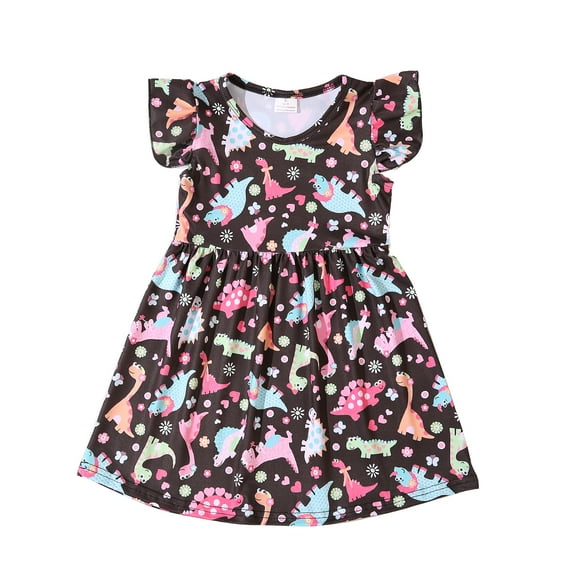 Toddler Girls Dinosaur Dress Flutter Sleeve Summer Casual Clothes 3-4T
