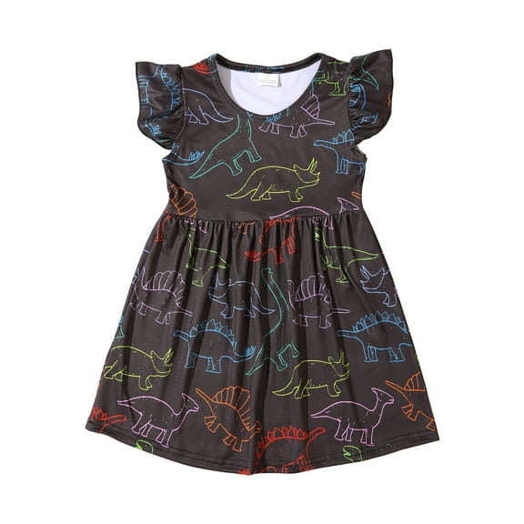 Toddler Girls Dinosaur Dress Flutter Sleeve Summer Casual Clothes 6-7Y