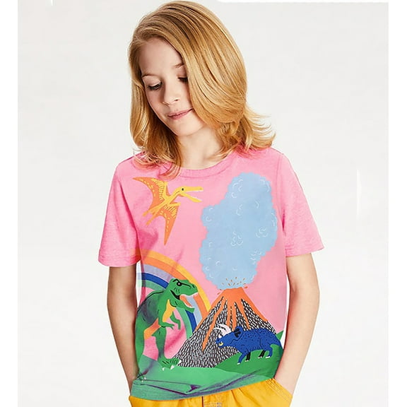 Toddler Girls Dinosaur Pink Shirt Kids Volcano Print Tee Tops Little Child Short Sleeve Summer Outfit, Sizes 2-7T