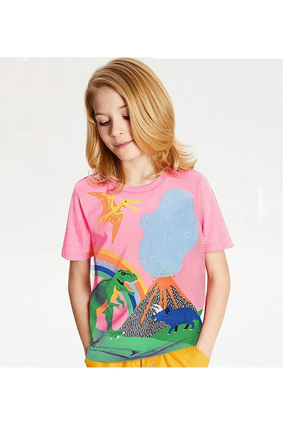 Toddler Girls Dinosaur Pink Shirt Kids Volcano Print Tee Tops Little Child Short Sleeve Summer Outfit, Sizes 2-7T