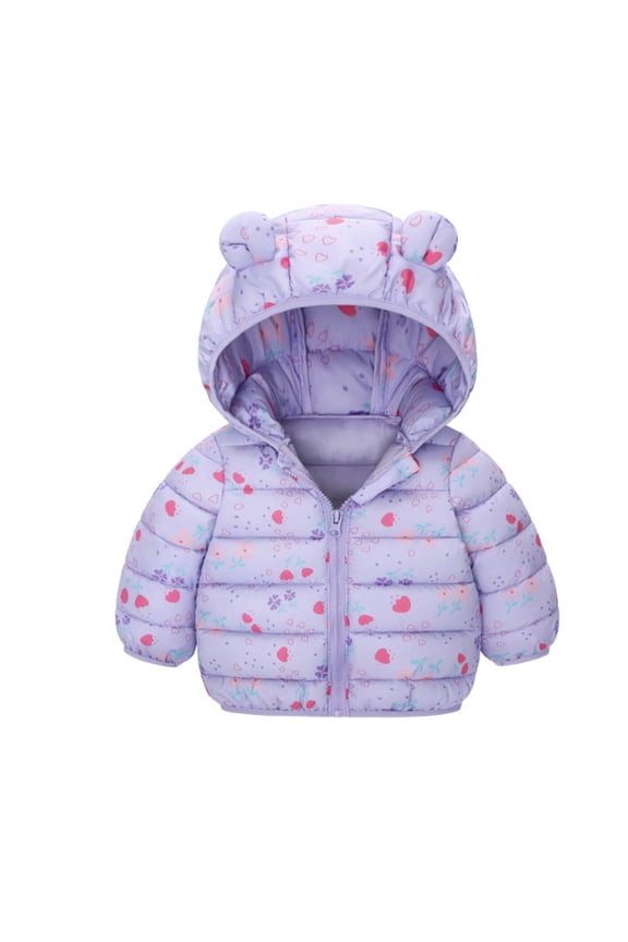 Toddler Girls Down Jacket Winter Coat Soft Hooded Coat With Ears Warm Thickened Outerwear Kids Clothing Purple Size 3-4T