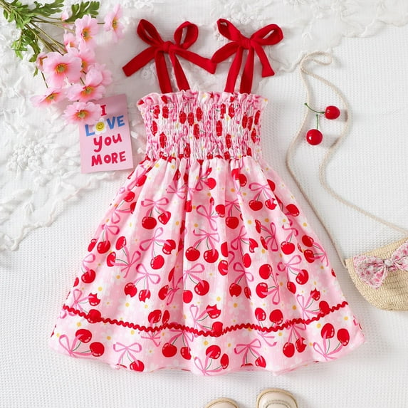 Toddler Girls Dress A-Line Cherry Print Spaghetti Strap Dress Summer Beach Children Girls Fashion Dresses,1 -2 Years
