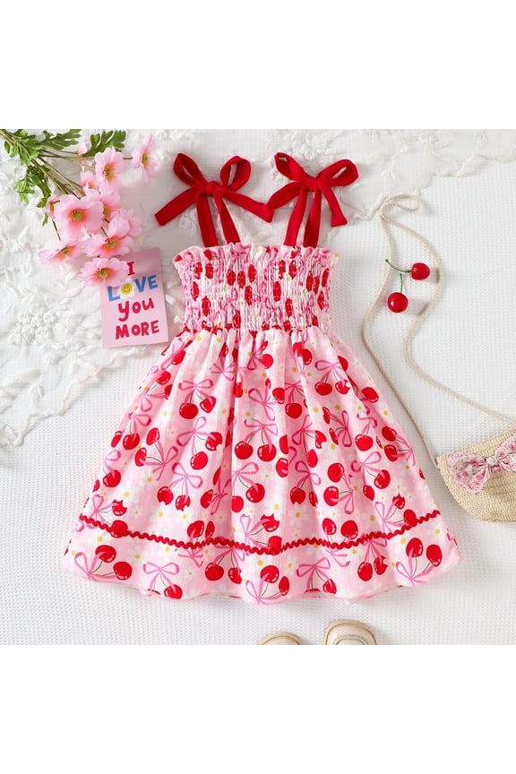 Toddler Girls Dress A-Line Cherry Print Spaghetti Strap Dress Summer Beach Children Girls Fashion Dresses,1 -2 Years