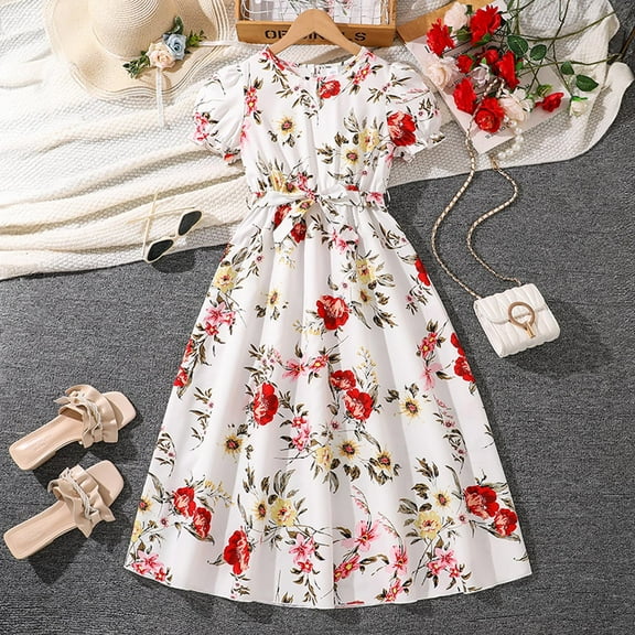 Toddler Girls Dress A-Line Round Neck Rose Print Tie Up Dress Summer Fashion Children Girls Dresses，9 -10 Years