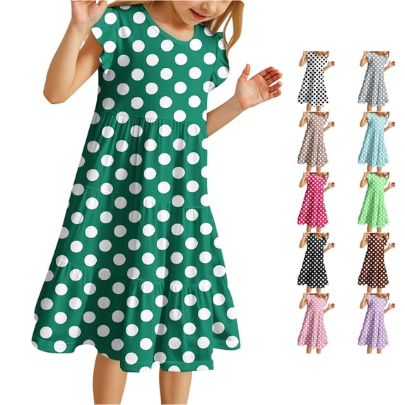 Toddler Girls Dress Big Polka Dot Pattern Flutter Sleeve Crew Neck Tiered A-Line Dresses for Vacation Kids Casual Boho Sundress
