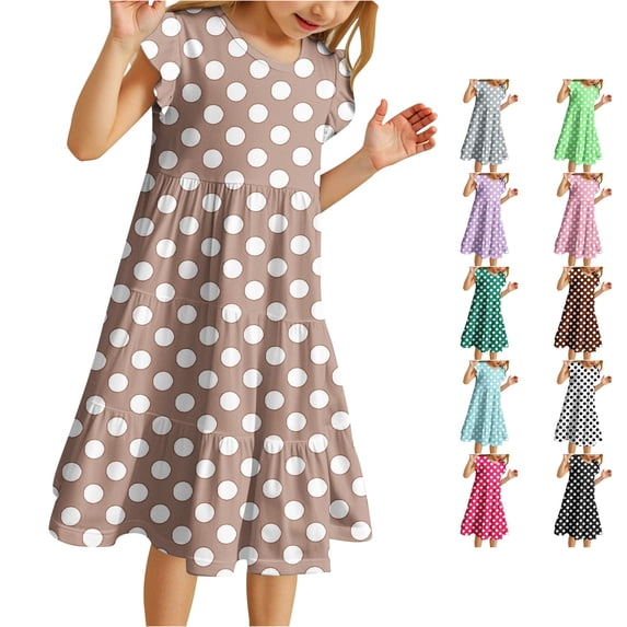 Toddler Girls Dress Big Polka Dot Pattern Flutter Sleeve Crew Neck Tiered A-Line Dresses for Vacation Kids Casual Boho Sundress