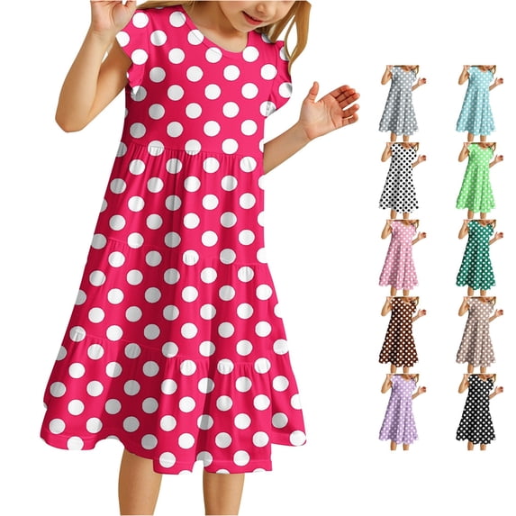 Toddler Girls Dress Big Polka Dot Pattern Flutter Sleeve Crew Neck Tiered A-Line Dresses for Vacation Kids Casual Boho Sundress