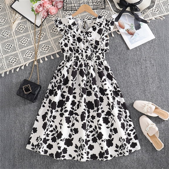 Toddler Girls Dress Chic Lace V Neck Flutter Sleeve Short Print Waist Defining Elegant Long Dress Black 9 Y-10 Y