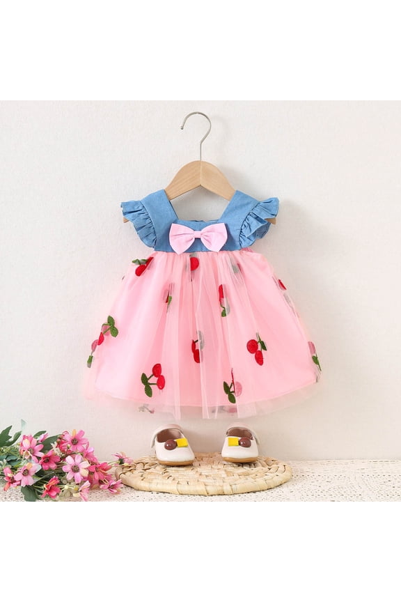 Toddler Girls Dress Fly Sleeve Strawberry Print Bow Decorative Dress Kawaii Party School Kids Girl Dresses，3 -12 Months