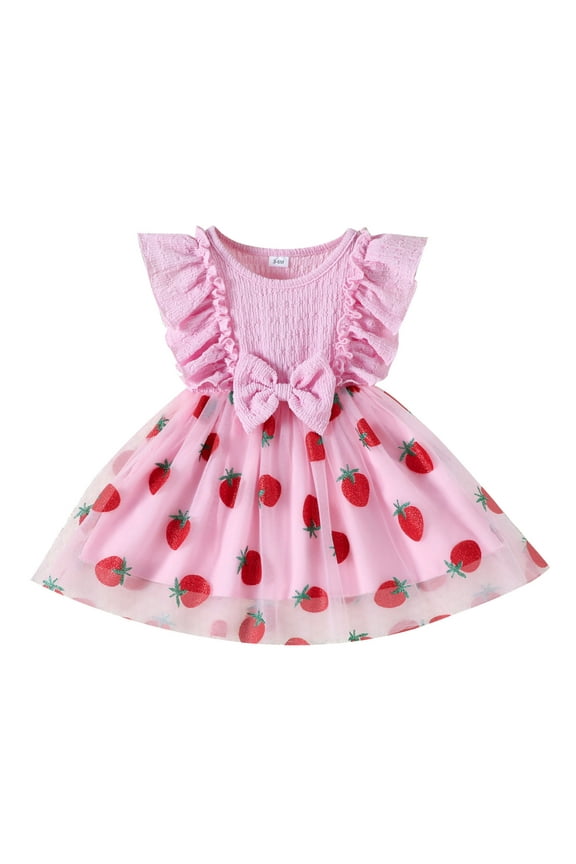 Toddler Girls Dress Fly Sleeves Strawberry Mesh Dress With Bow Summer Kid Girl Princess Birthday Party Dresses，6-9 Months