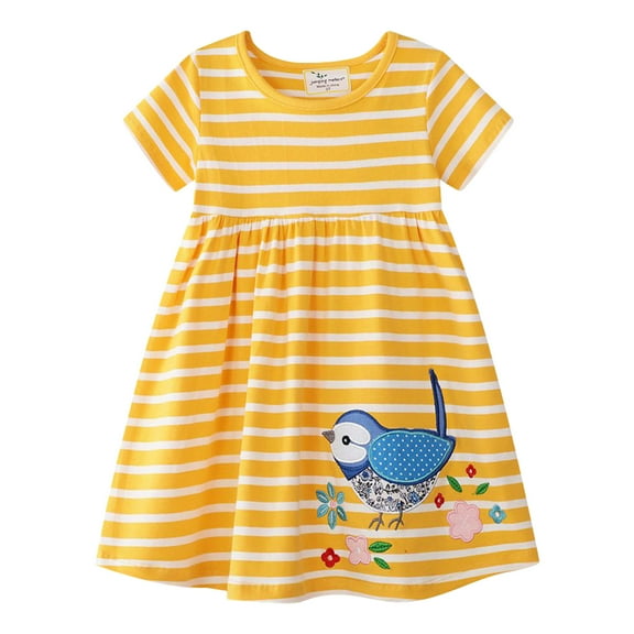 Toddler Girls Dress Kids Children Summer Holiday Beach Mini Dress Bird Print Short Sleeve Crew Neck Loose Casual Sundress For 2 Years