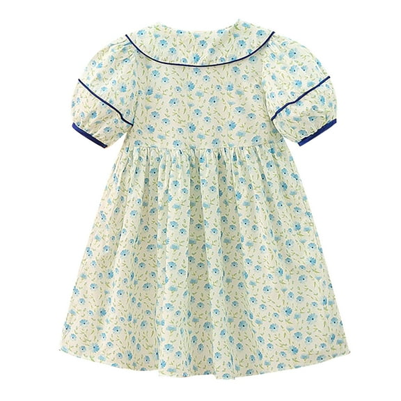 Toddler Girls Dress Peter Pan Collar Puff Sleeve Print Dress Summer Vacation Children Girls Princess Dresses ,3 -4 Years