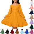 thumbnail image 1 of Toddler Girls Dress Ruched Bodice Square Neck Long Sleeve Ruffle Dresses for Vacation Autumn Outing Kids Casual Fall Dress, 1 of 5