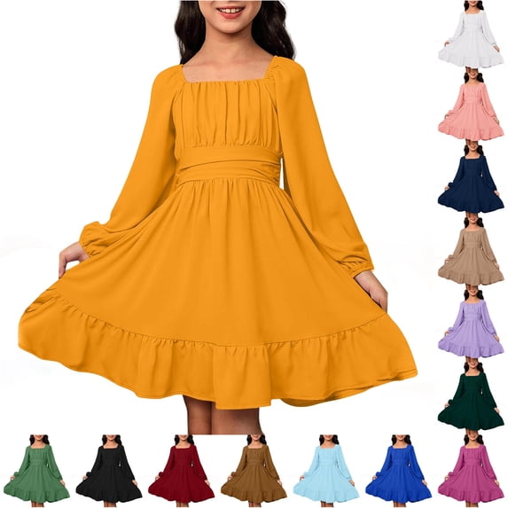 Toddler Girls Dress Ruched Bodice Square Neck Long Sleeve Ruffle Dresses for Vacation Autumn Outing Kids Casual Fall Dress