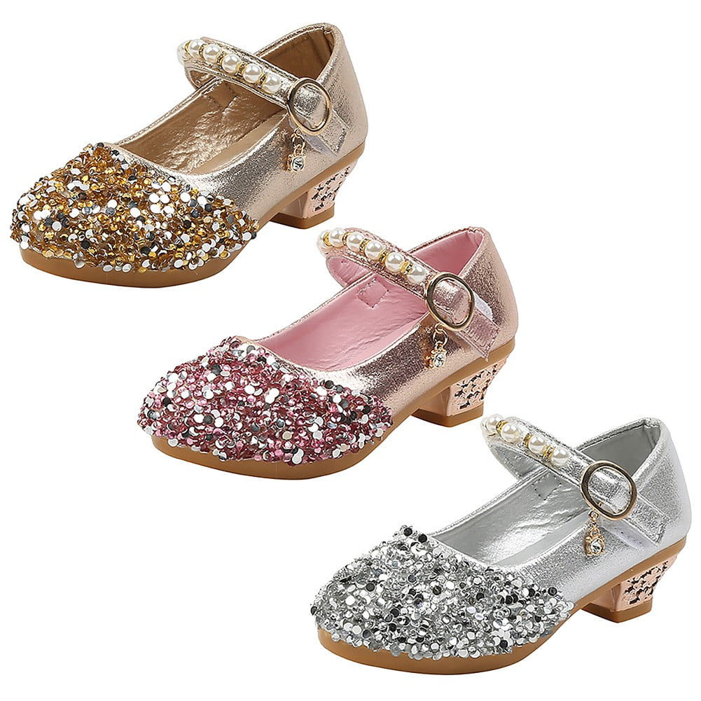 Toddler Girls Dress Shoes Princess High Heel Mary Jane Glitter Shoes in Wedding Party for Little Girl