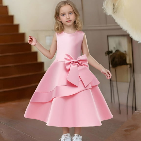 Toddler Girls Dress Solid Color Bow Decorative Mesh Sheer Dress Summer Kid Girl Princess Birthday Party Dresses，2 -3 Years