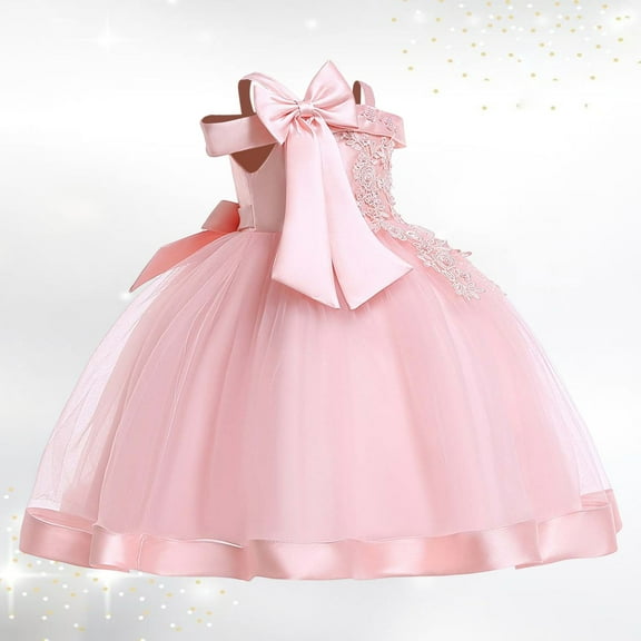 Toddler Girls Dress Solid Color Bow Decorative Off-Shoulder Tutu Dress Kids Wedding Bridesmaid Birthday Party Formal Princess Dress,3 -4 Years