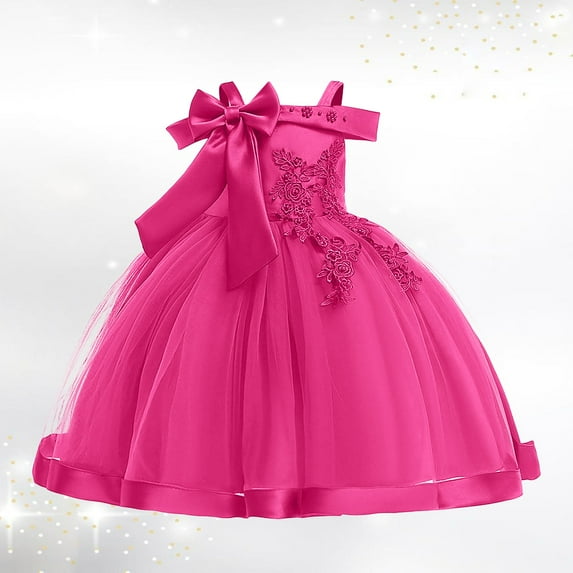 Toddler Girls Dress Solid Color Bow Decorative Off-Shoulder Tutu Dress Kids Wedding Bridesmaid Birthday Party Formal Princess Dress，6 -7 Years