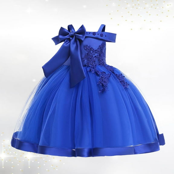 Toddler Girls Dress Solid Color Bow Decorative Off-Shoulder Tutu Dress Kids Wedding Bridesmaid Birthday Party Formal Princess Dress，7 -8 Years