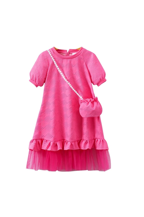 Toddler Girls Dress Solid Color Round Neck Puff Sleeve Mesh Patchwork Dress Casual Kids Girl Dresses,4 -5 Years